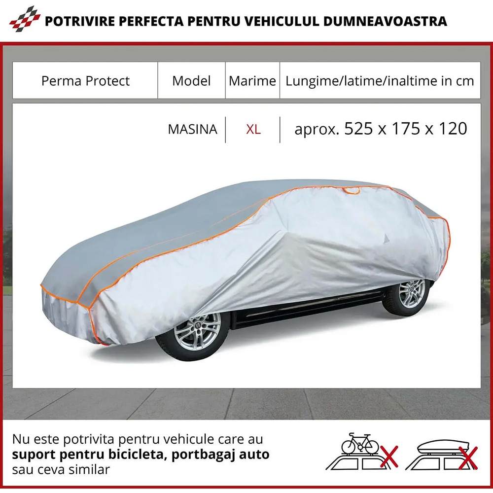 Prelata auto WALSER XL, 525 x 175 x 120 cm, antigrindina, argintiu-negru