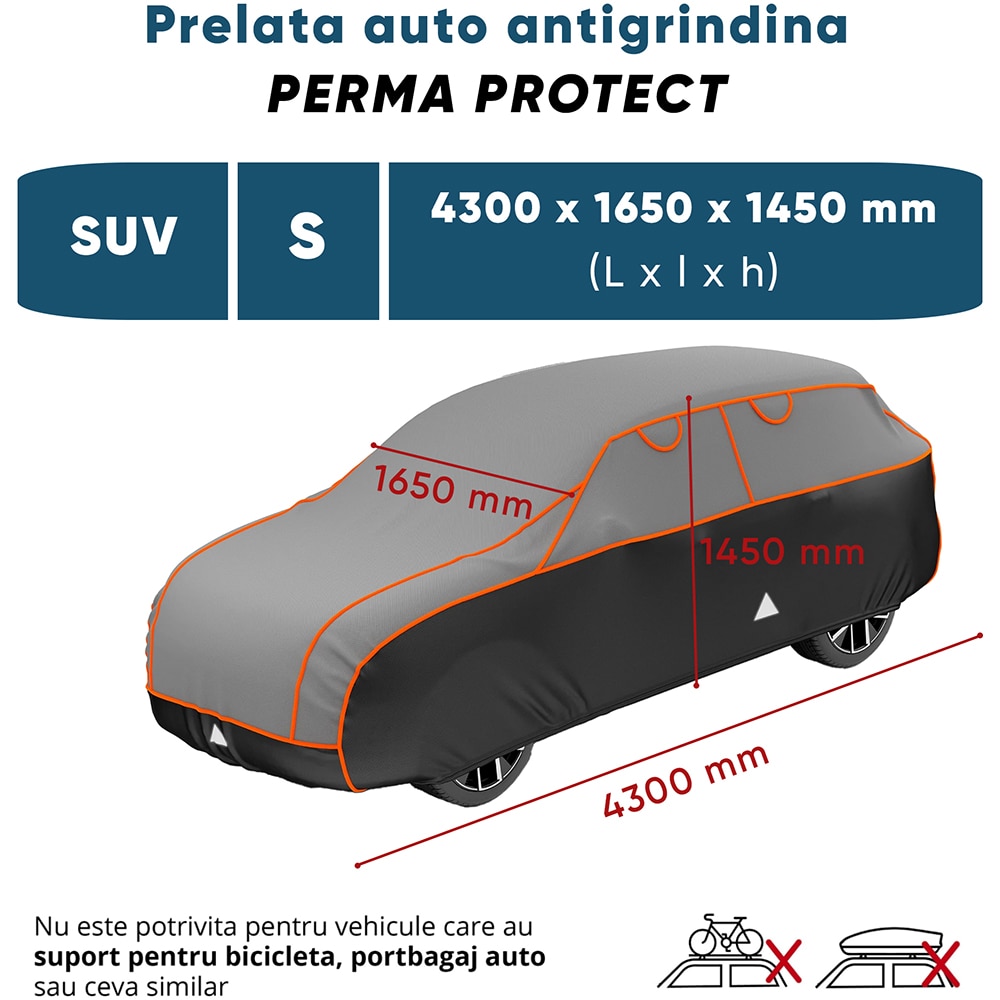 Prelata auto WALSER Perma Protect S, 430 x 165 x 145 cm, gri