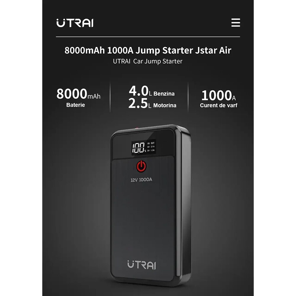 Starter auto UTRAI Jstar Air, 12V, 1000A, 8000mAh, USB, Lanterna, negru