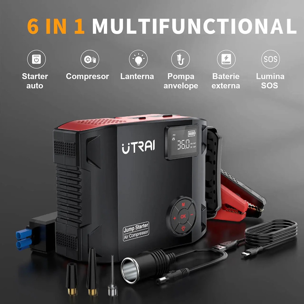 Starter auto UTRAI Jstar 5, 12V, 2500A, 27000mAh, USB, compresor, lanterna, negru