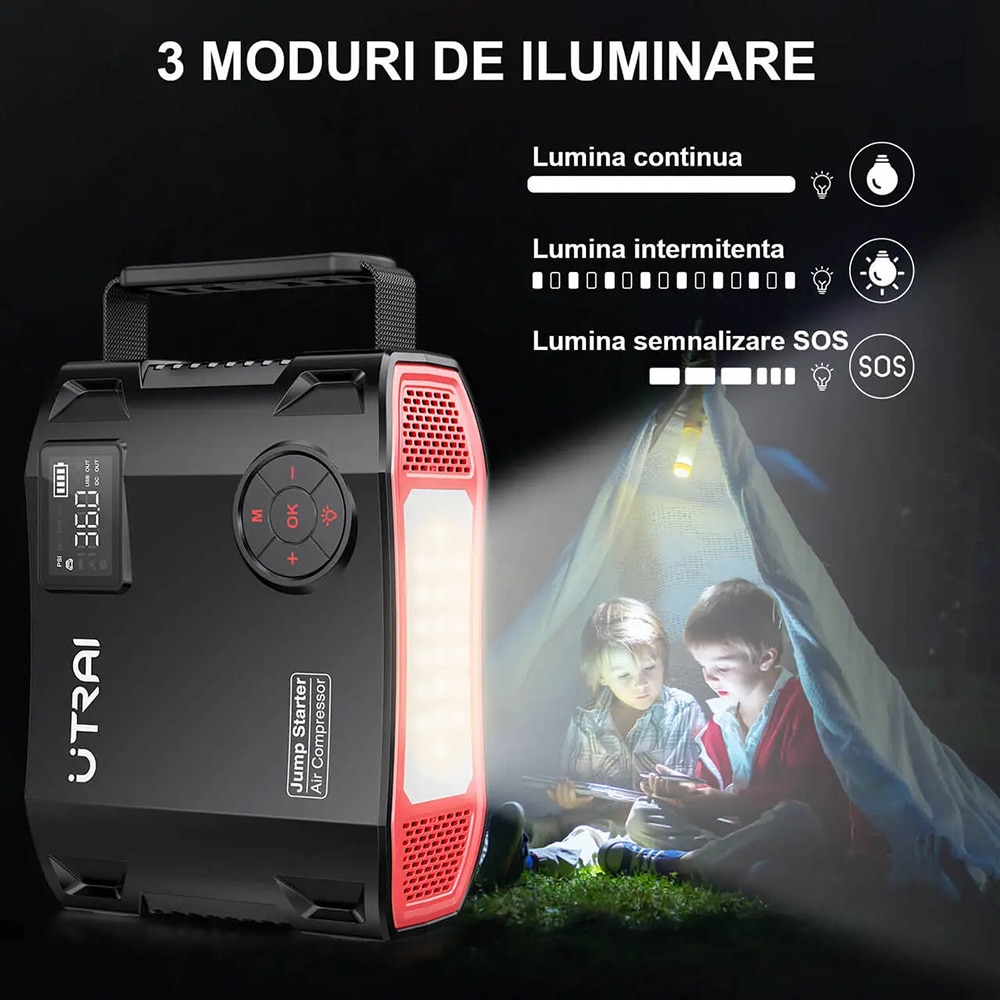 Starter auto UTRAI Jstar 5, 12V, 2500A, 27000mAh, USB, compresor, lanterna, negru