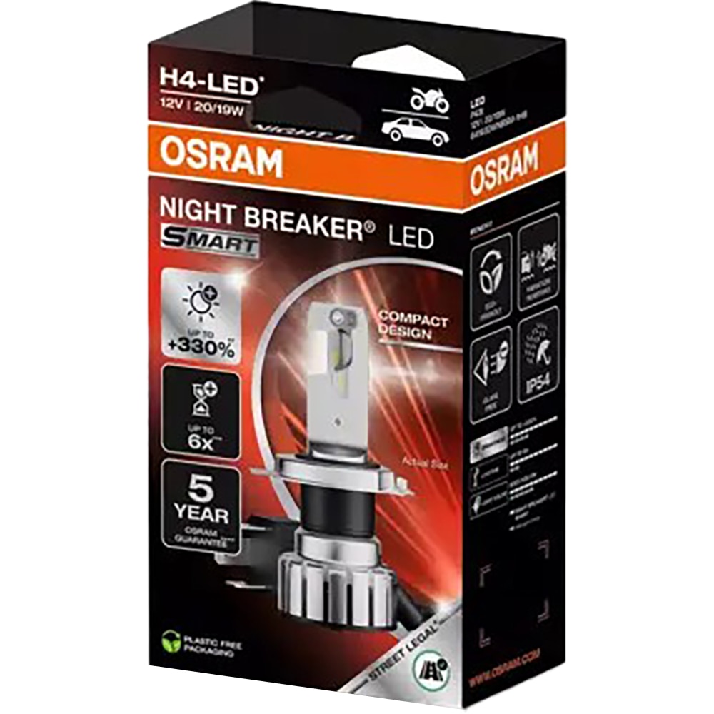 Bec auto/moto OSRAM Night Breaker Smart LED, H4, +330%, 6000K, 20W, 1buc, Omologat RAR