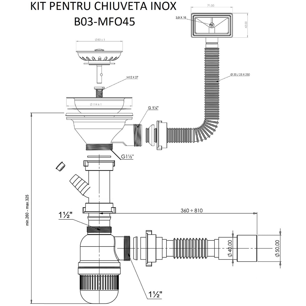 Kit scurgere chiuveta B03 MFO45, plastic si inox, alb