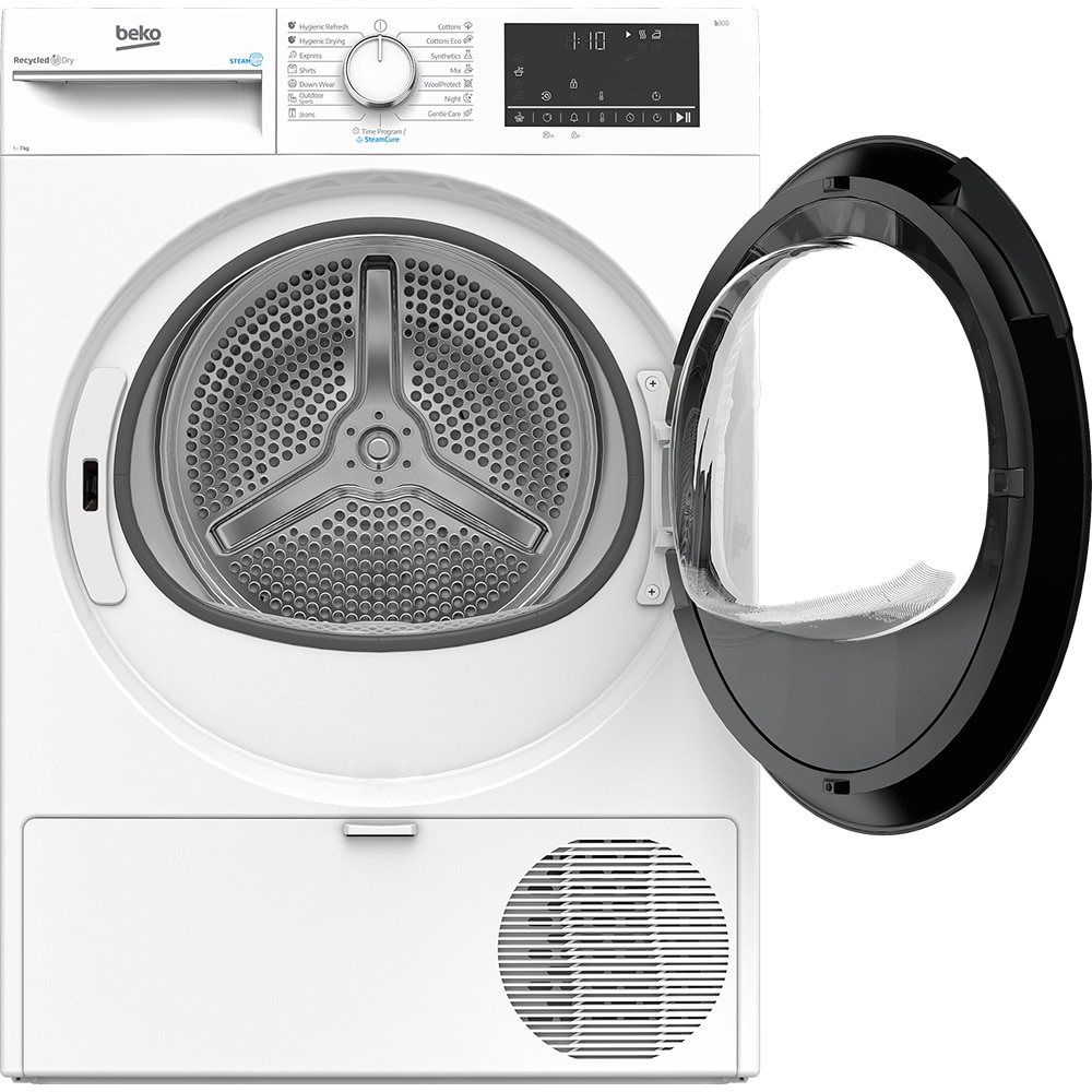 Uscator de rufe BEKO B3T41242, SteamCure, Pompa de caldura, 7kg, 15 programe, Clasa C, alb
