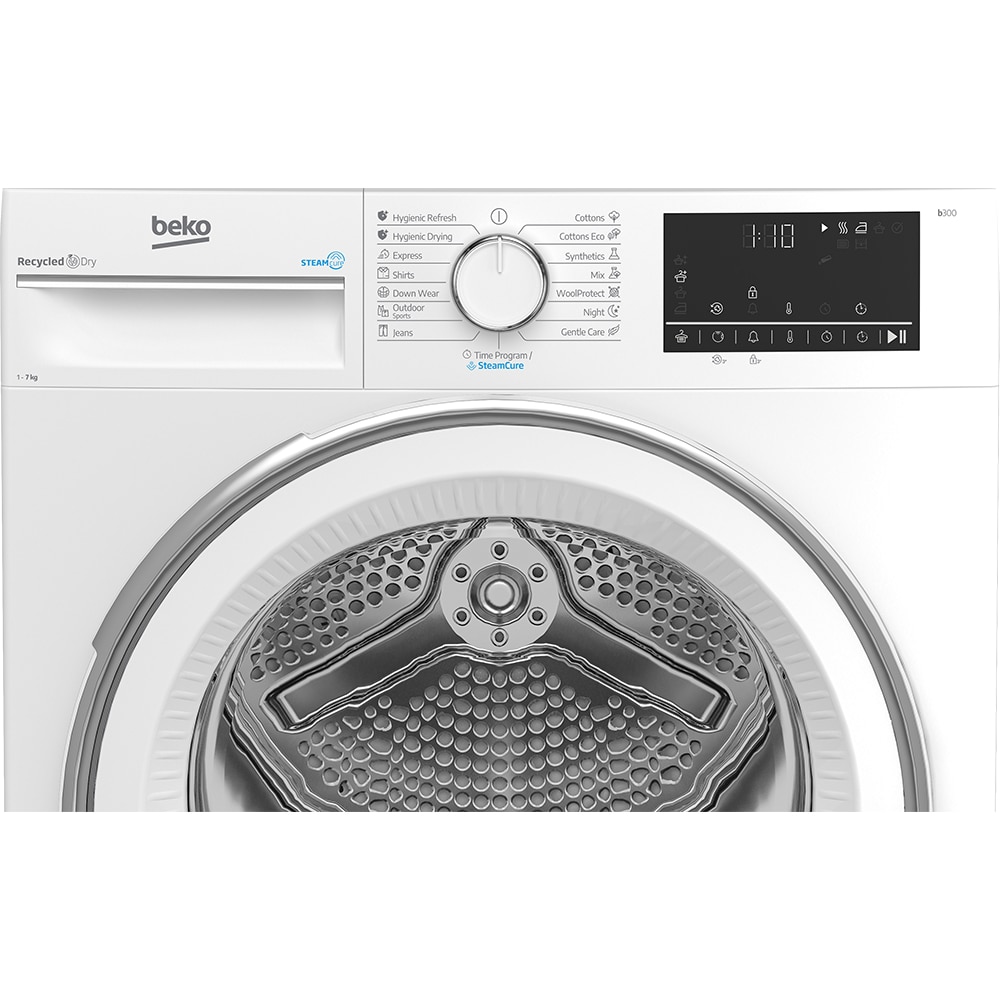 Uscator de rufe BEKO B3T41242, SteamCure, Pompa de caldura, 7kg, 15 programe, Clasa C, alb