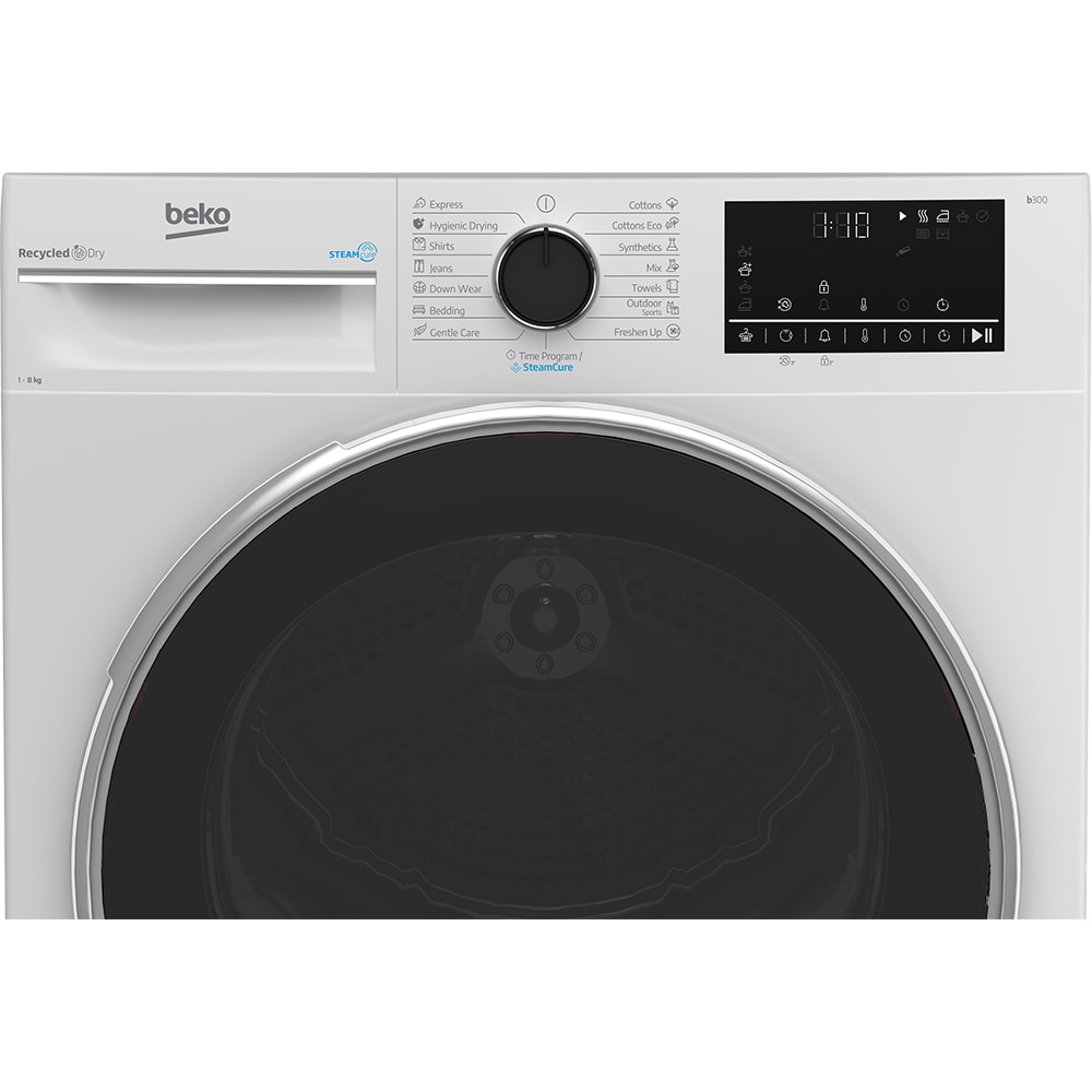 Uscator de rufe BEKO B3T48233W EU, Aquawave, Pompa de caldura, 8 kg, 15 programe, Clasa D, alb