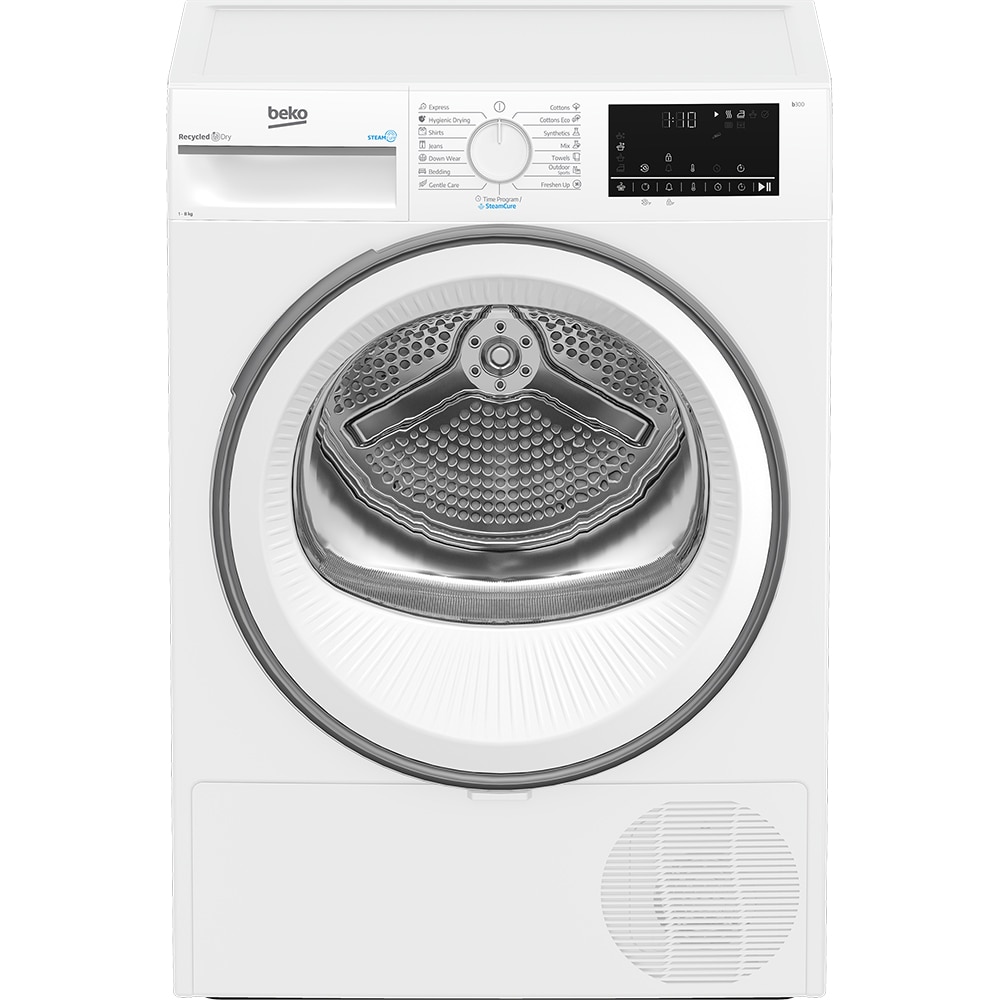 Uscator de rufe BEKO B3T48239W EU, SteamCure, Pompa de caldura, 8 kg, 15 programe, Clasa D, alb