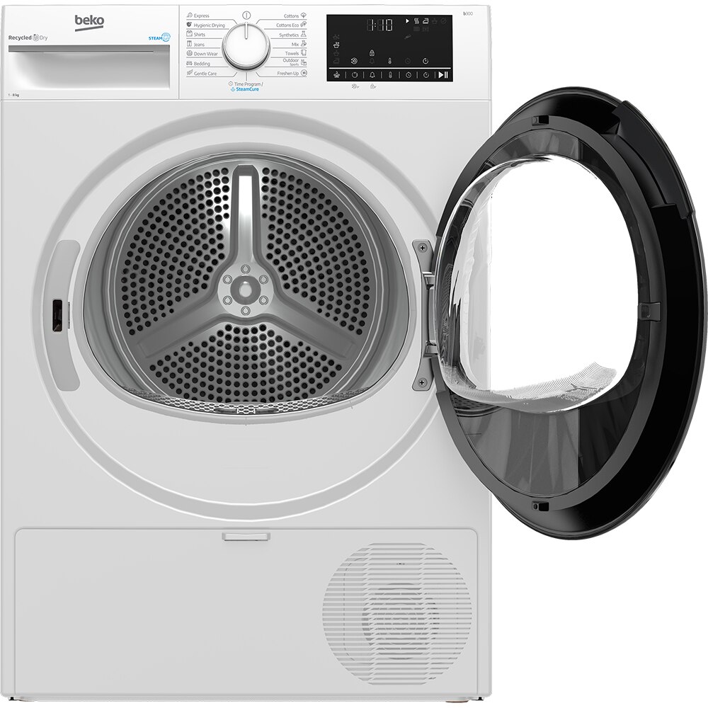 Uscator de rufe BEKO B3T48239W EU, SteamCure, Pompa de caldura, 8 kg, 15 programe, Clasa D, alb