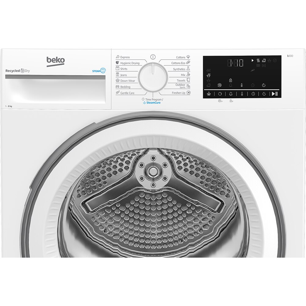 Uscator de rufe BEKO B3T48239W EU, SteamCure, Pompa de caldura, 8 kg, 15 programe, Clasa D, alb