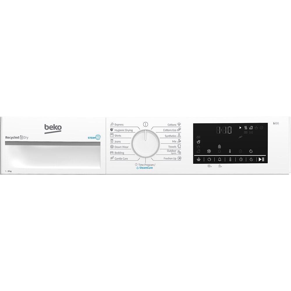 Uscator de rufe BEKO B3T48239W EU, SteamCure, Pompa de caldura, 8 kg, 15 programe, Clasa D, alb
