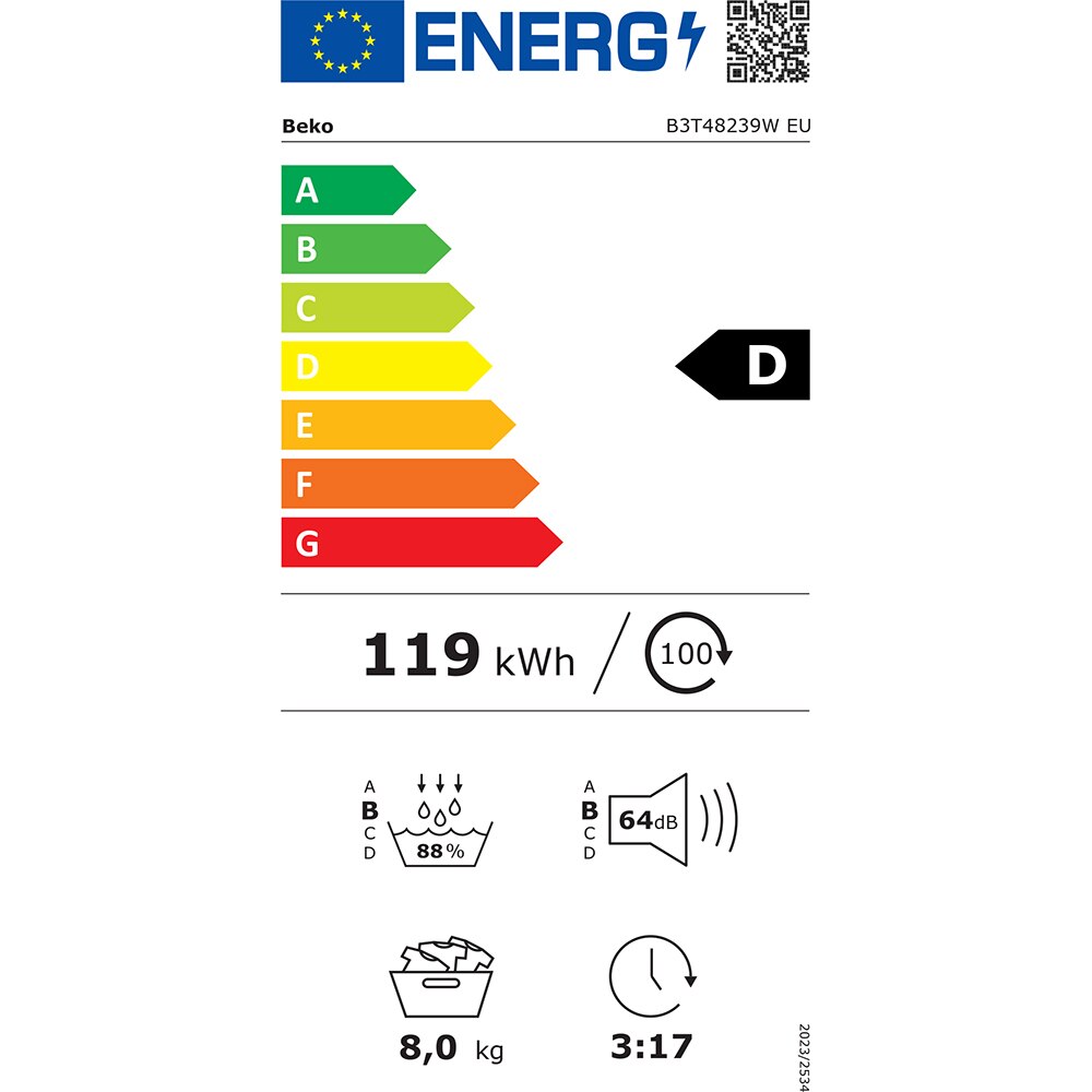 Uscator de rufe BEKO B3T48239W EU, SteamCure, Pompa de caldura, 8 kg, 15 programe, Clasa D, alb