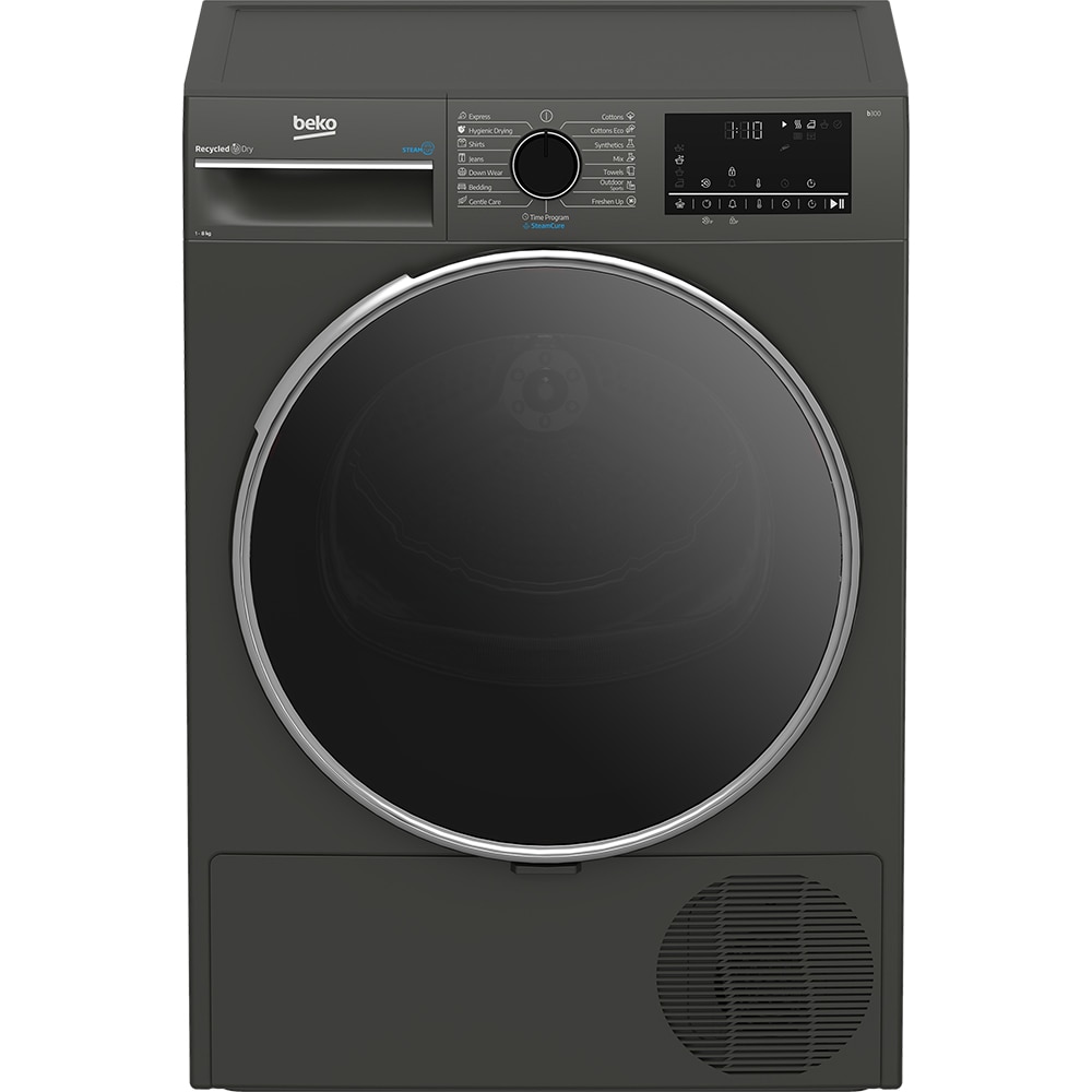 Uscator de rufe BEKO B3T68239MG EU, Steam Cure, Pompa de caldura, 8 kg, 15 programe, Clasa D, gri inchis
