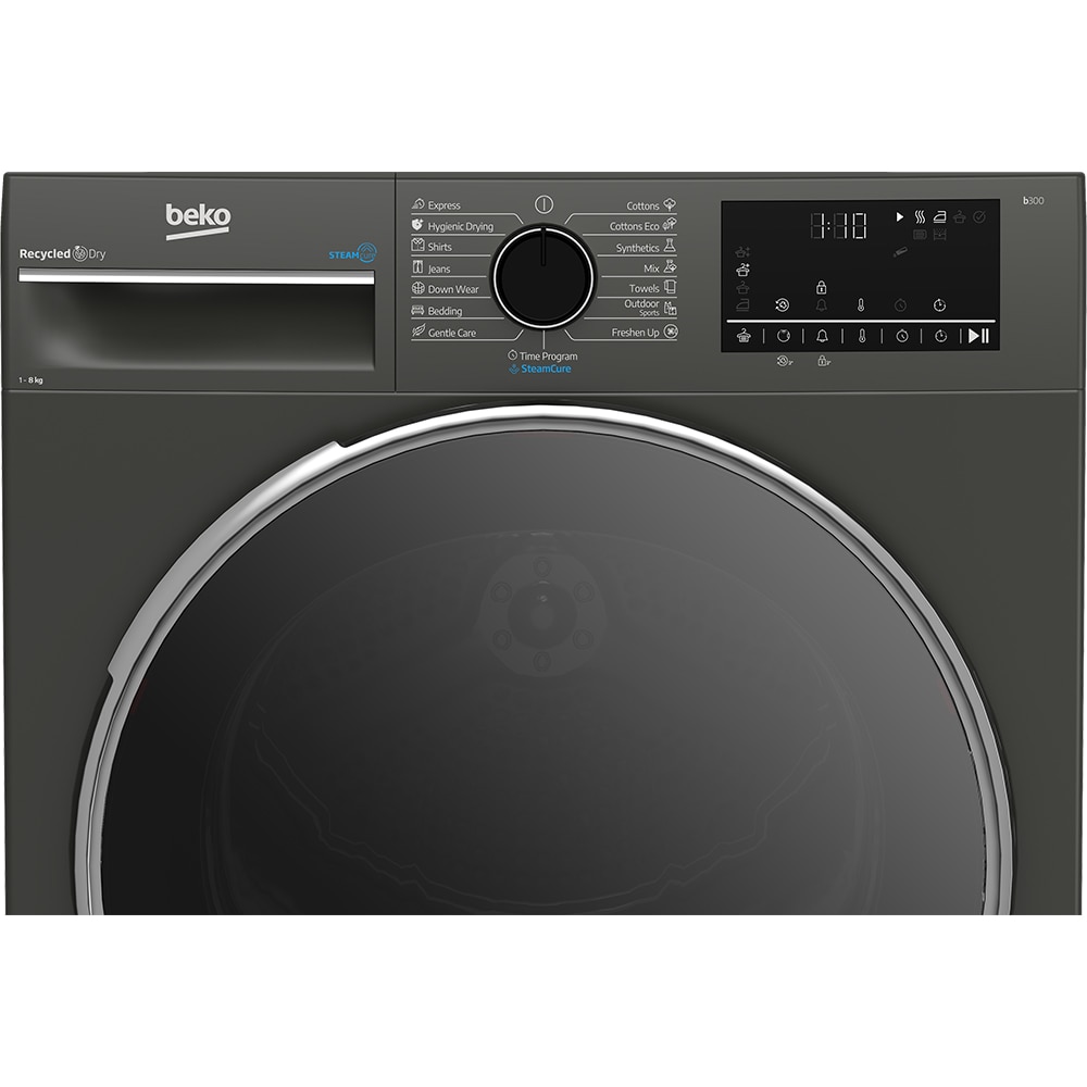 Uscator de rufe BEKO B3T68239MG EU, Steam Cure, Pompa de caldura, 8 kg, 15 programe, Clasa D, gri inchis