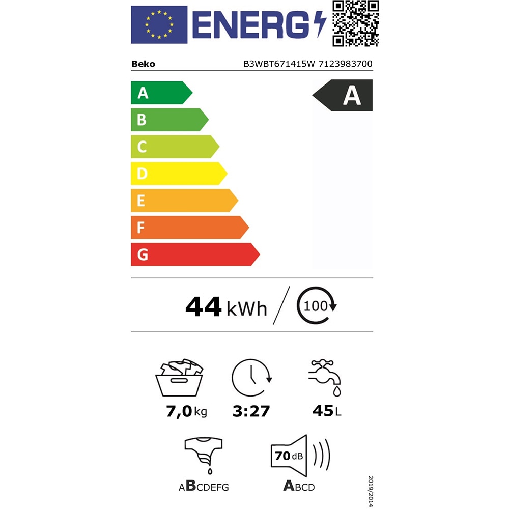Masina de spalat rufe incorporabila BEKO B3WBT671415W, EnergySpin, SteamCure, 7 kg, 1200rpm, Clasa A, alb