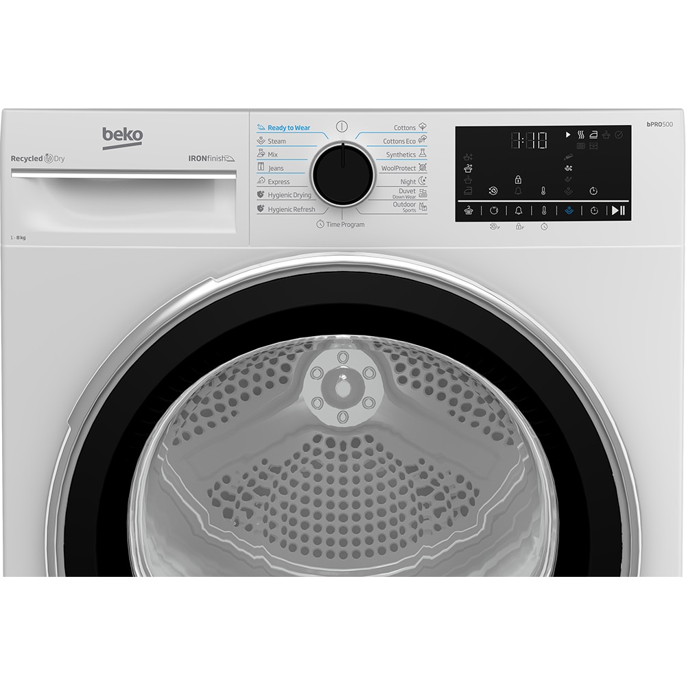 Uscator de rufe BEKO B5T68243, Aquawave, Pompa de caldura, 8kg, 15 programe, Clasa C, alb