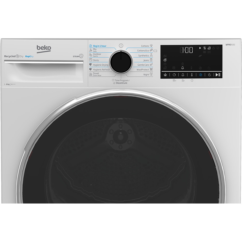 Uscator de rufe BEKO B5T68247, SteamCure, Condensare si pompa de caldura, 8 kg, 15 programe, Clasa C, alb