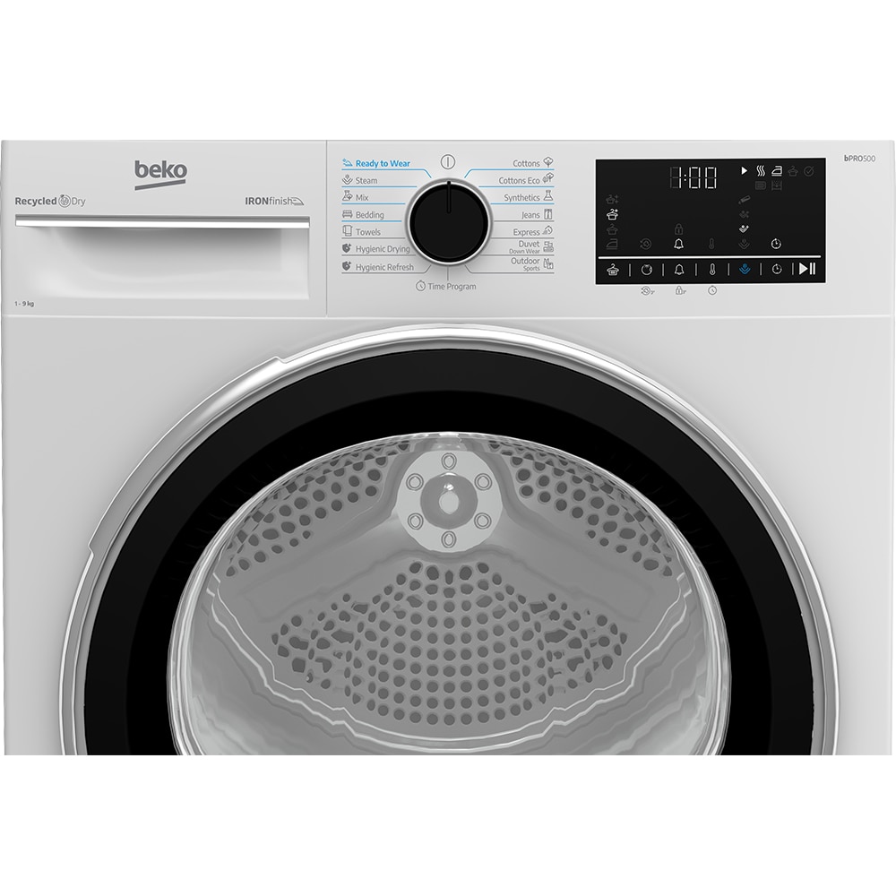 Uscator de rufe BEKO B5T69233, AquaWave, Pompa de caldura, 9 kg, 15 programe, Clasa D, alb
