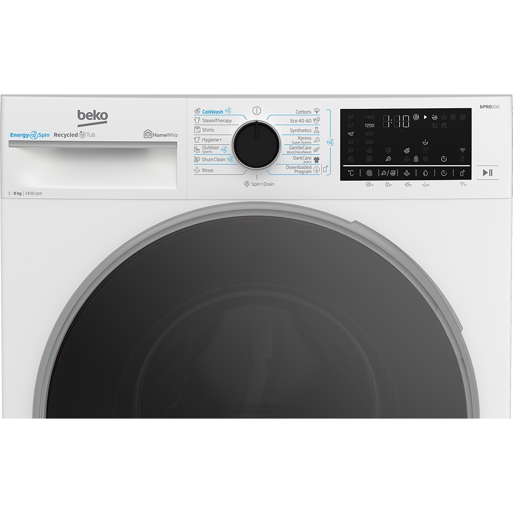 Masina de spalat rufe frontala BEKO B5WFU89415WB ES, EnergySpin, SteamCure, 9 kg, 1400rpm, Clasa A, Wi-Fi, alb