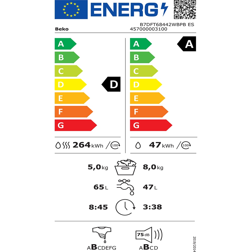 Masina de spalat rufe frontala cu uscator BEKO B7DFT68442WBPB ES, EnergySpin, 8/5 kg, 1400rpm, Clasa A/D, Wi-Fi, alb