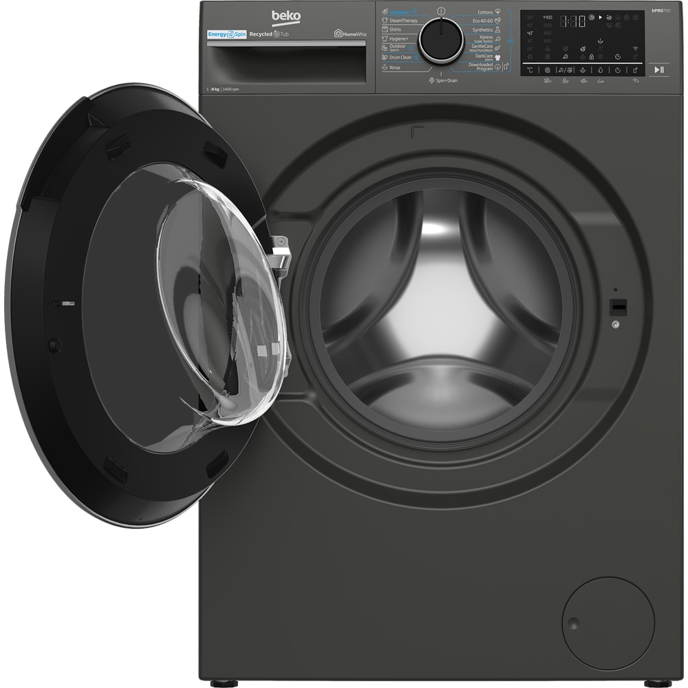 Masina de spalat rufe frontala BEKO B7WFU68418MB2 ES, EnergySpin, SteamCure, 8 kg, 1400rpm, Clasa A, Wi-Fi, gri inchis