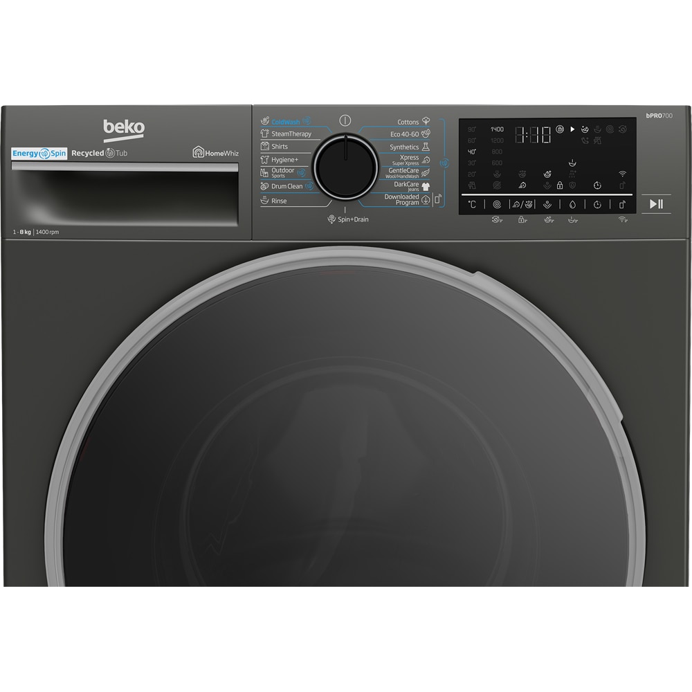 Masina de spalat rufe frontala BEKO B7WFU68418MB2 ES, EnergySpin, SteamCure, 8 kg, 1400rpm, Clasa A, Wi-Fi, gri inchis