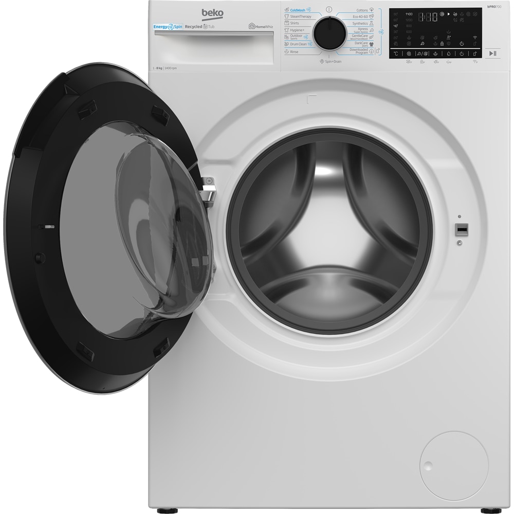 Masina de spalat rufe frontala BEKO B7WFU68418WB2 ES, EnergySpin, SteamCure, 8 kg, 1400rpm, Clasa A, Wi-Fi, alb