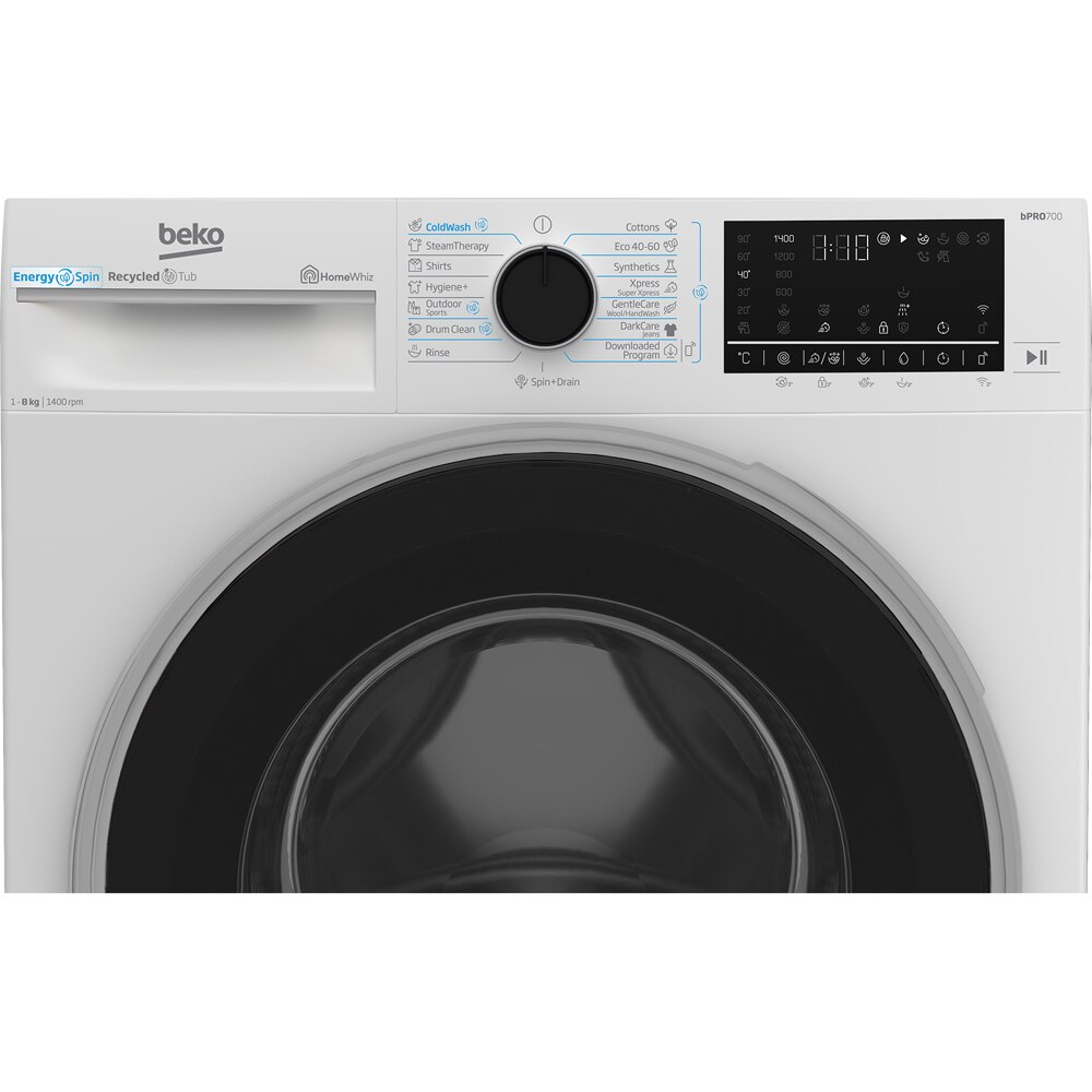 Masina de spalat rufe frontala BEKO B7WFU68418WB2 ES, EnergySpin, SteamCure, 8 kg, 1400rpm, Clasa A, Wi-Fi, alb