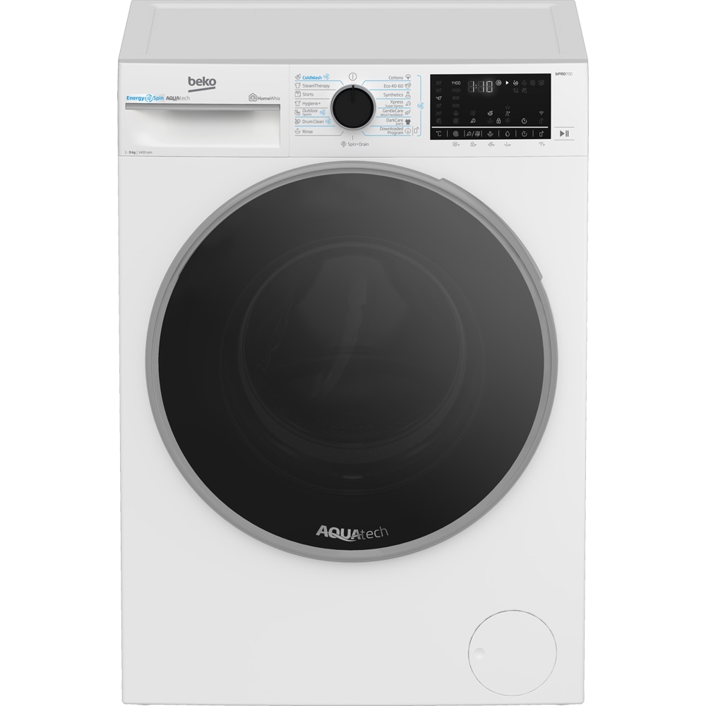 Masina de spalat rufe frontala BEKO B7WFU69418WB2 ES, EnergySpin, SteamCure, 9 kg, 1400rpm, Clasa A, Wi-Fi, alb