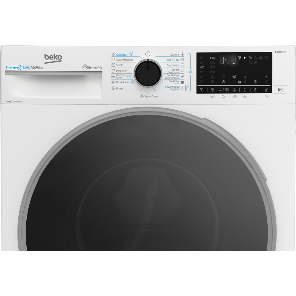 Masina de spalat rufe frontala BEKO B7WFU69418WB2 ES, EnergySpin, SteamCure, 9 kg, 1400rpm, Clasa A, Wi-Fi, alb