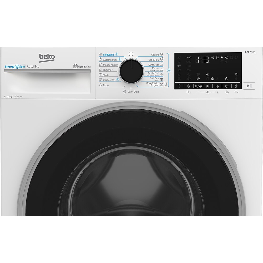 Masina de spalat rufe frontala BEKO B7WFU810416WB2 ES, EnergySpin, SteamCure, 10 kg, 1400rpm, Clasa A, Wi-Fi, alb