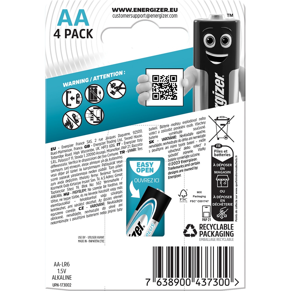 Baterii alcaline ENERGIZER AA, 1.5V, 4 bucati