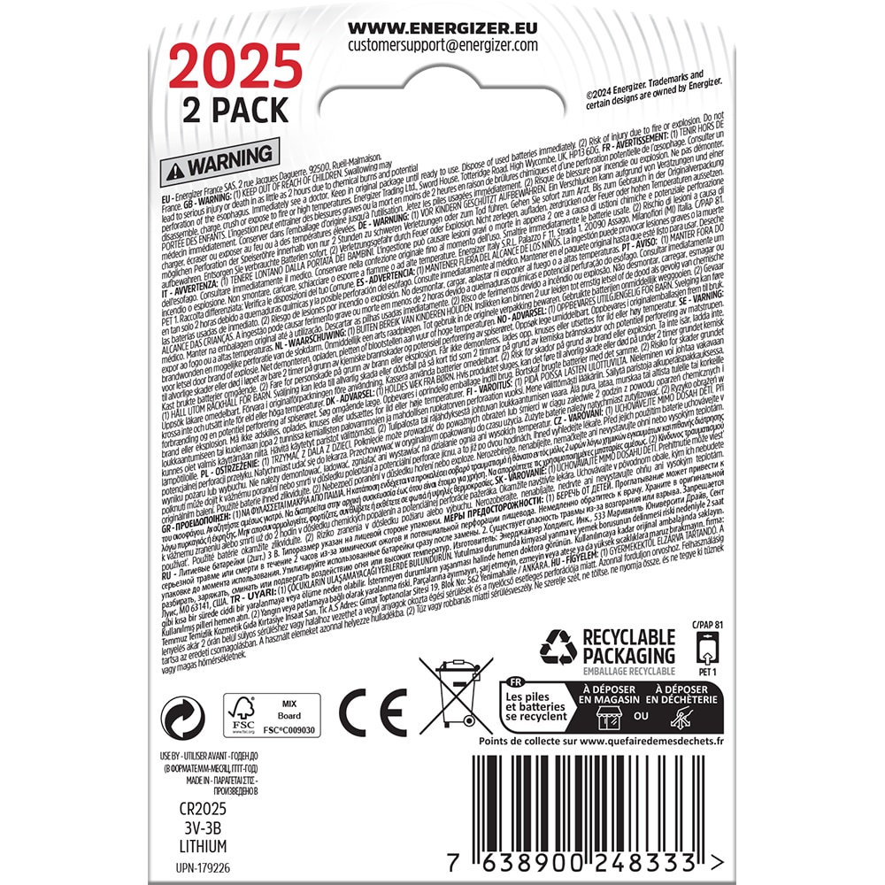 Baterii litiu ENERGIZER CR2025, 3 V, 2 bucati