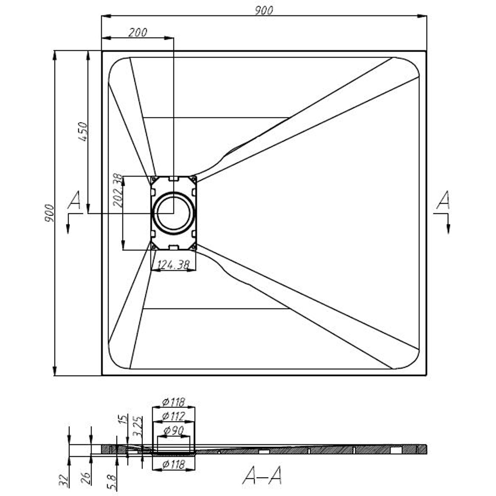 Cadita dus SANOTECHNIK 9090B, 90 x 90 cm, SMC, negru