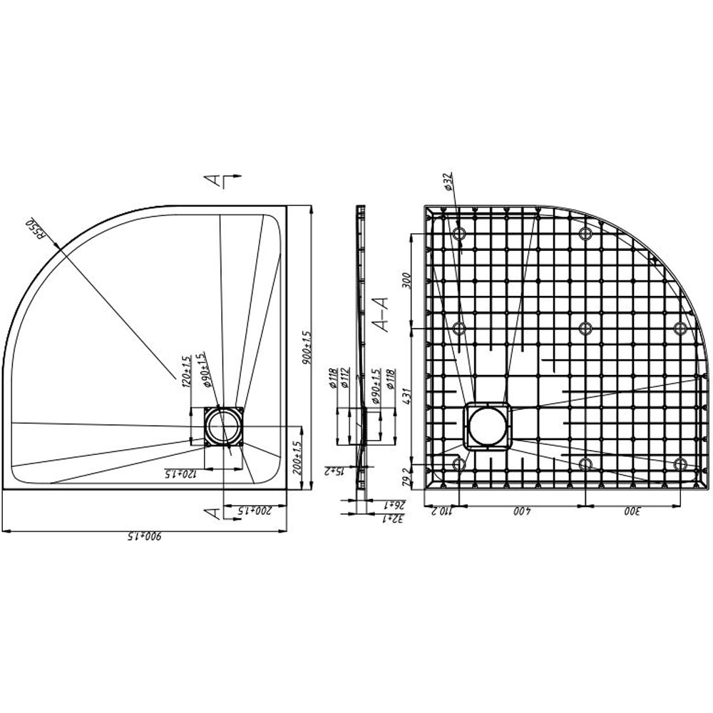 Cadita dus SANOTECHNIK 9090RB, semirotunda, 90 x 90 cm, SMC, negru