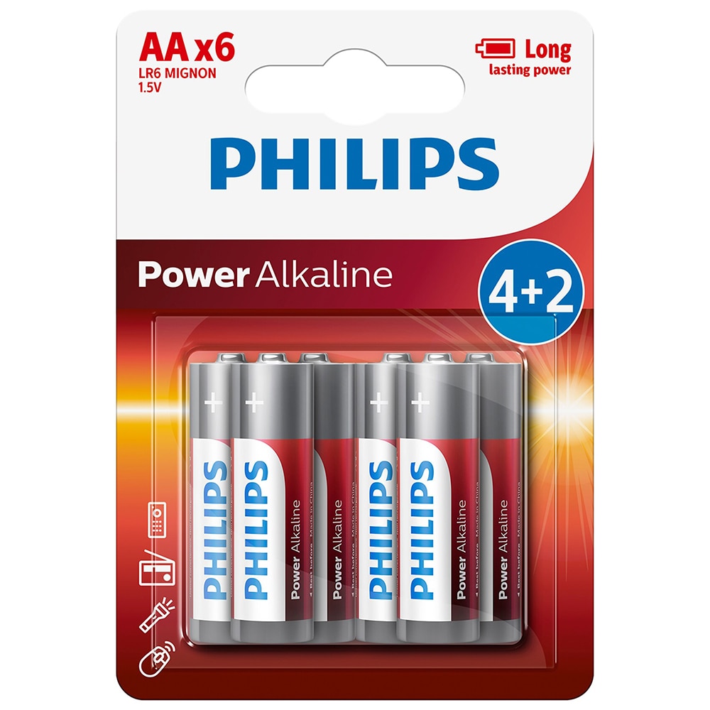 Baterii alcaline AA PHILIPS LR6P6BP/10, 6 bucati