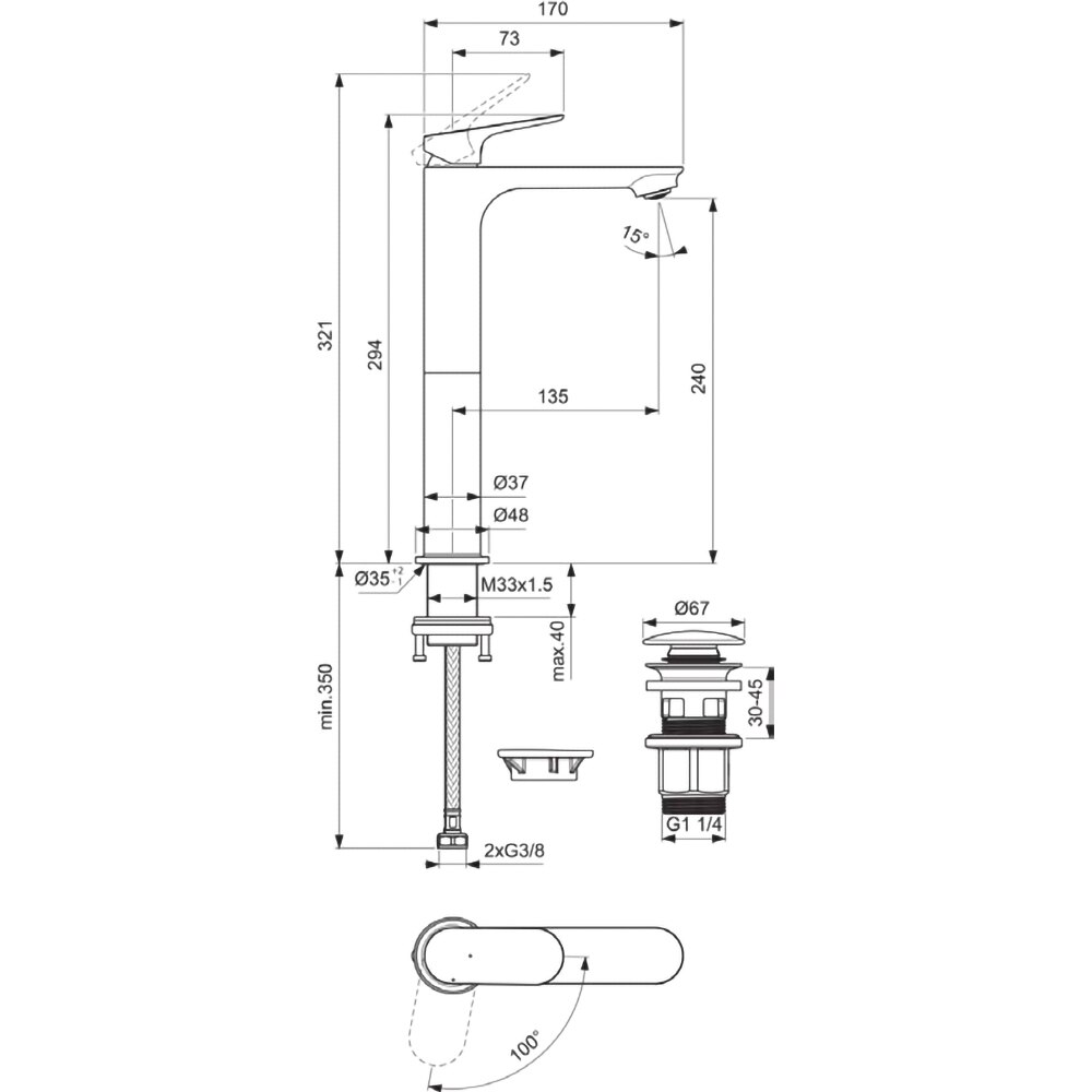 Baterie lavoar IDEAL STANDARD Ceralife O BE013AA, Pipa inalta, alama sanitara, crom