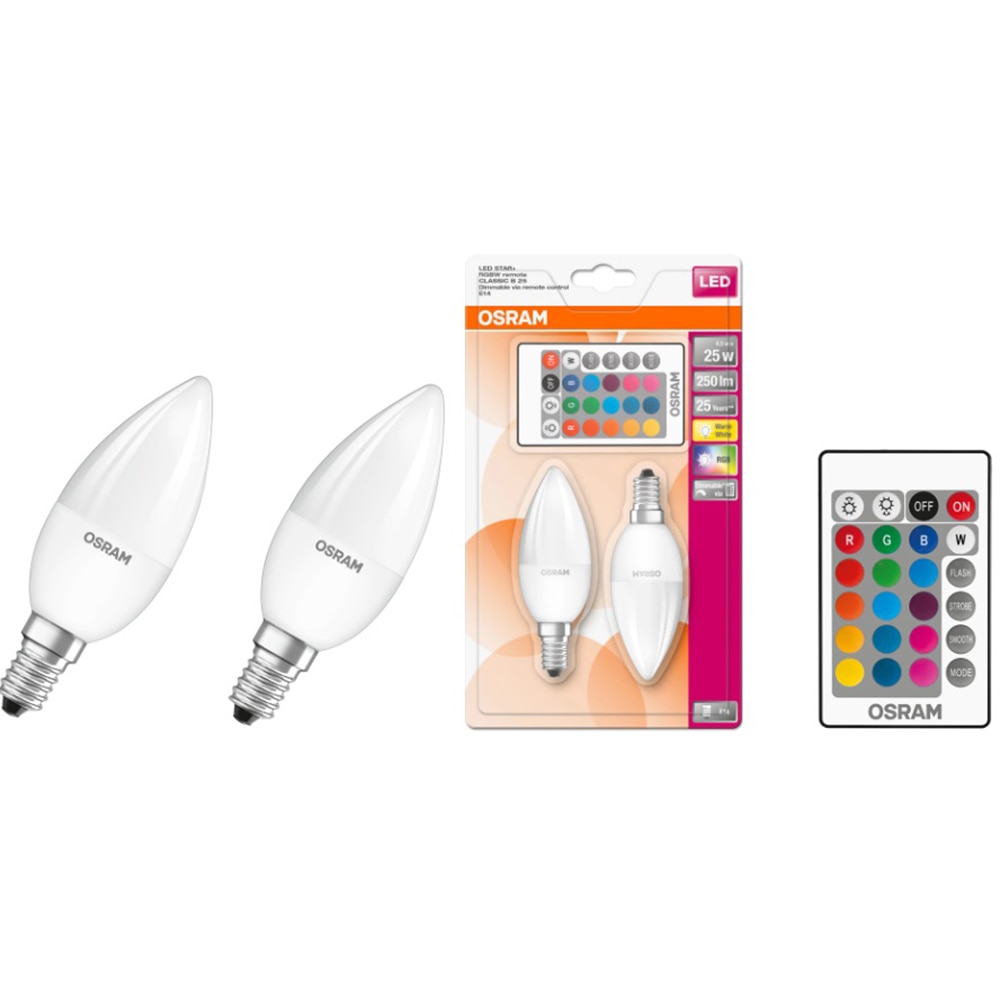 Set 2 becuri LED OSRAM Star RGB-W, E14, 4.5W (25W), 250 lm, dimabil, 2 telecomenzi incluse