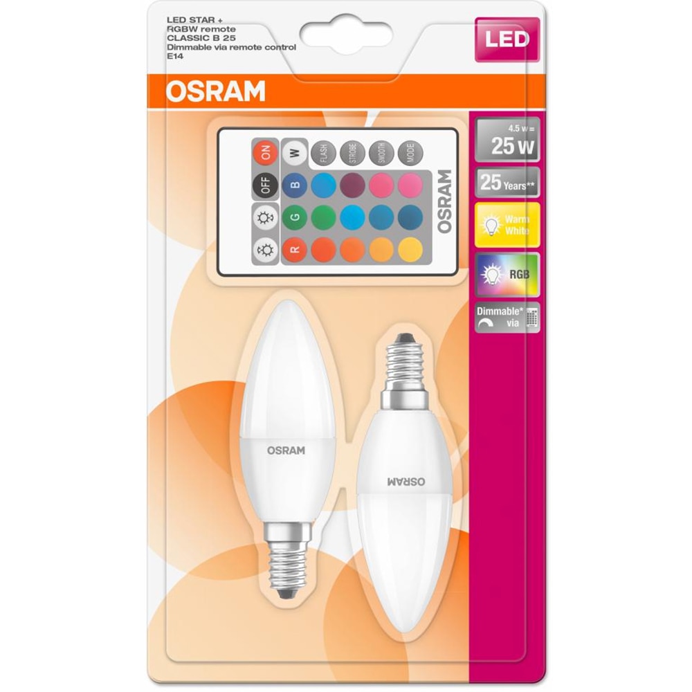 Set 2 becuri LED OSRAM Star RGB-W, E14, 4.5W (25W), 250 lm, dimabil, 2 telecomenzi incluse