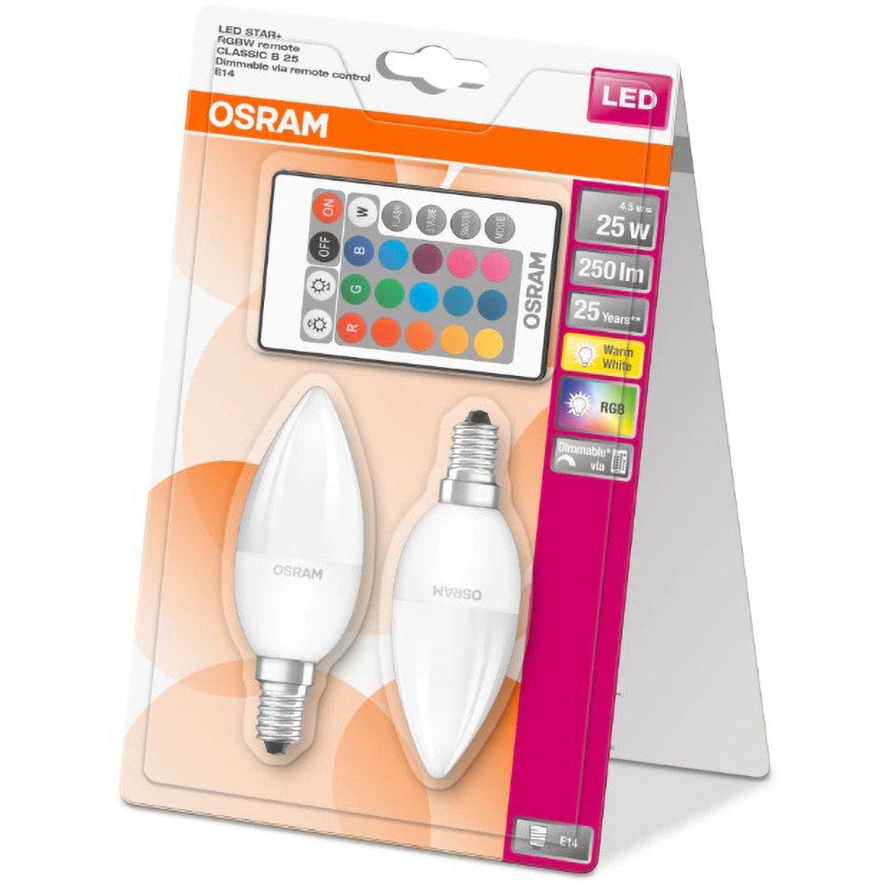Set 2 becuri LED OSRAM Star RGB-W, E14, 4.5W (25W), 250 lm, dimabil, 2 telecomenzi incluse