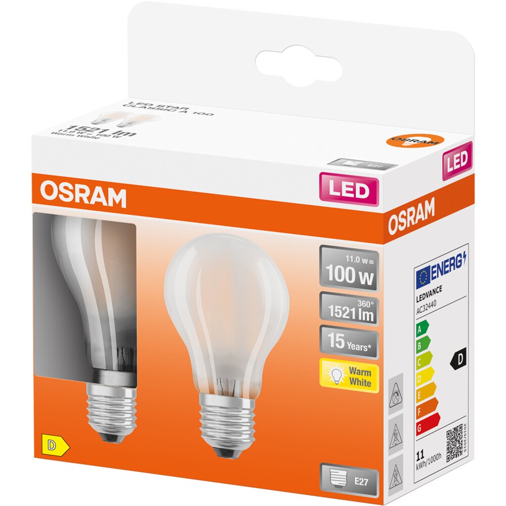 Set 2 becuri LED OSRAM mat, E27, 11W, 1521lm, lumina calda