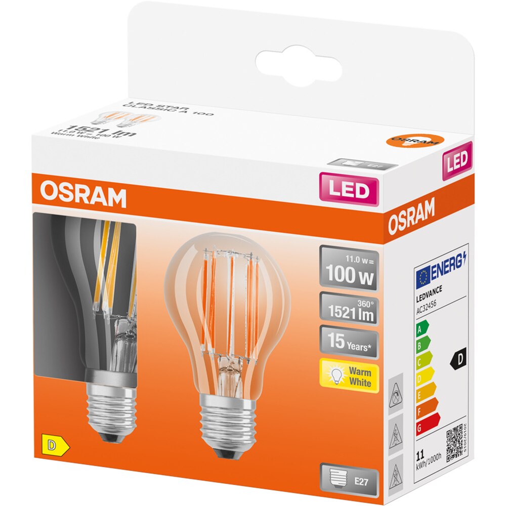 Set 2 becuri LED OSRAM filament, E27, 11W, 1521lm, lumina calda