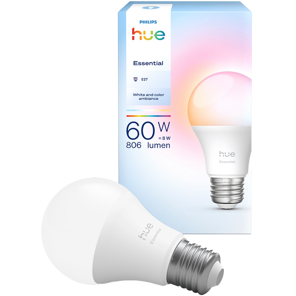 Bec LED PHILIPS HUE Essential, E27, 8W, 806lm, Wi-Fi, lumina variabila, compatibil Alexa, Google Assistant