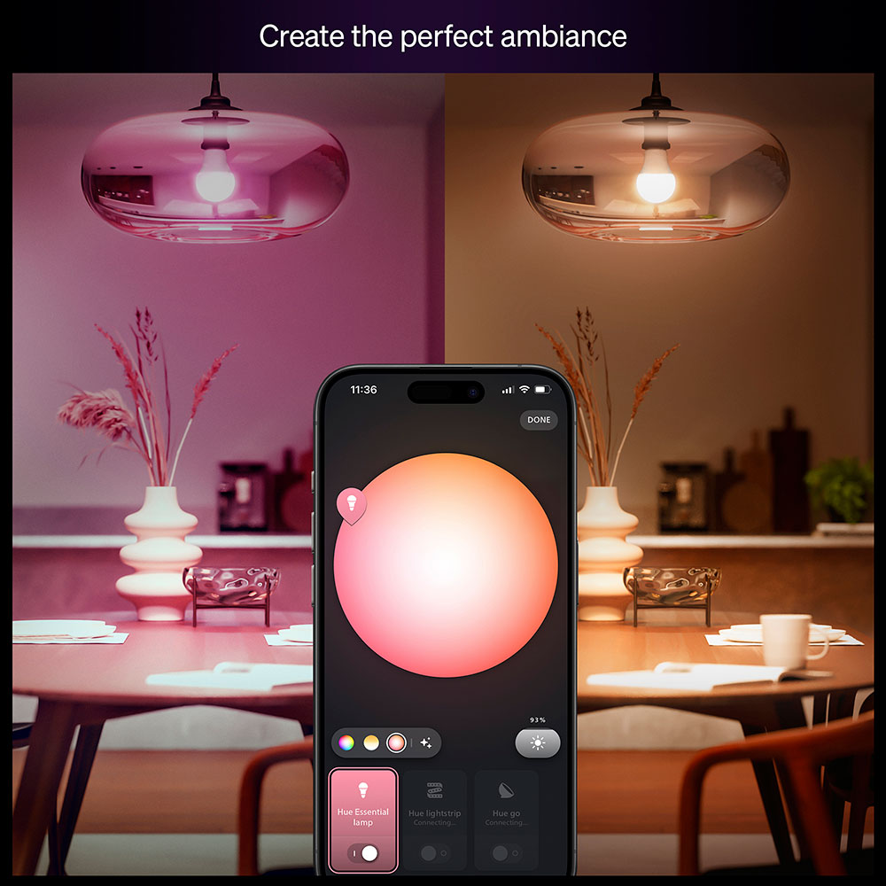 Bec LED PHILIPS HUE Essential, E27, 8W, 806lm, Wi-Fi, lumina variabila, compatibil Alexa, Google Assistant
