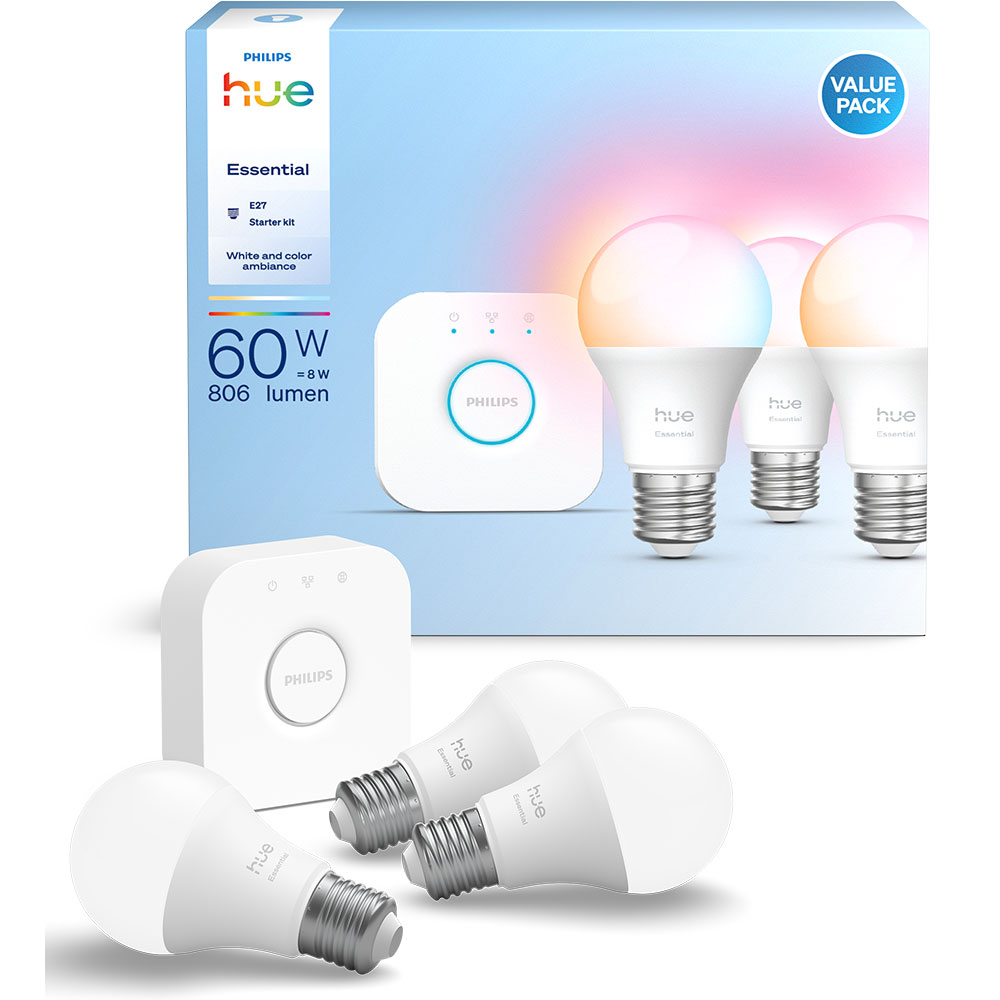 Kit 3 becuri LED Smart PHILIPS Hue Essential, E27, 8W, 806lm, Wi-Fi, lumina variabila + Consola
