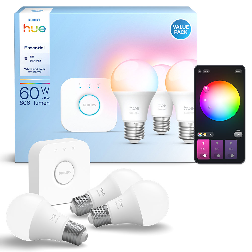 Kit 3 becuri LED Smart PHILIPS Hue Essential, E27, 8W, 806lm, Wi-Fi, lumina variabila + Consola