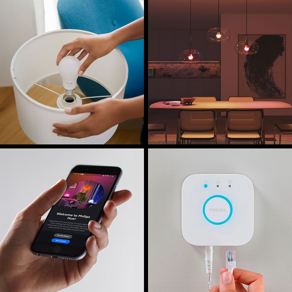 Kit 3 becuri LED Smart PHILIPS Hue Essential, E27, 8W, 806lm, Wi-Fi, lumina variabila + Consola