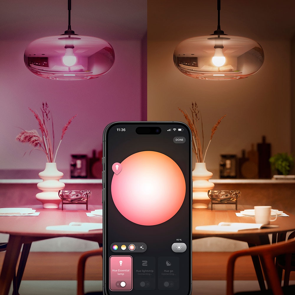 Kit 3 becuri LED Smart PHILIPS Hue Essential, E27, 8W, 806lm, Wi-Fi, lumina variabila + Consola