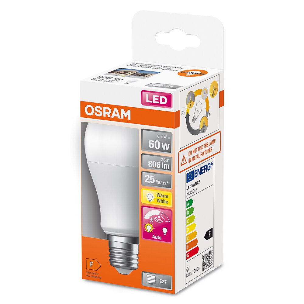 Bec LED OSRAM cu senzor miscare, E27, 9W, 806lm, lumina calda