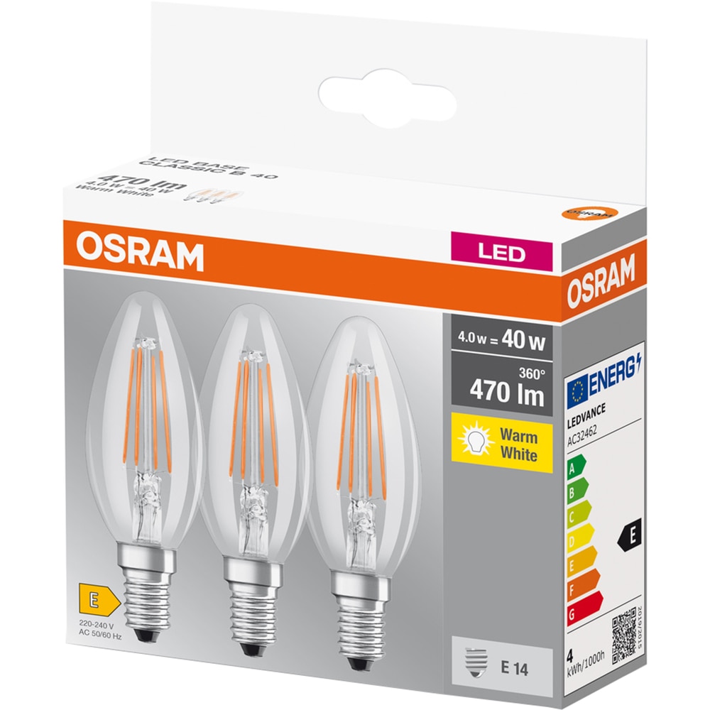 Set 3 becuri LED OSRAM filament, E14, 4W, 470lm, lumina calda