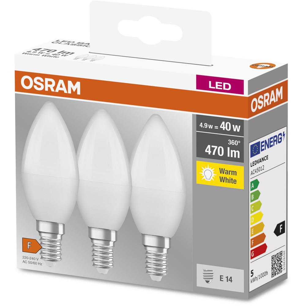 Set 3 becuri LED OSRAM, E14, 4.9W, 470lm, lumina calda